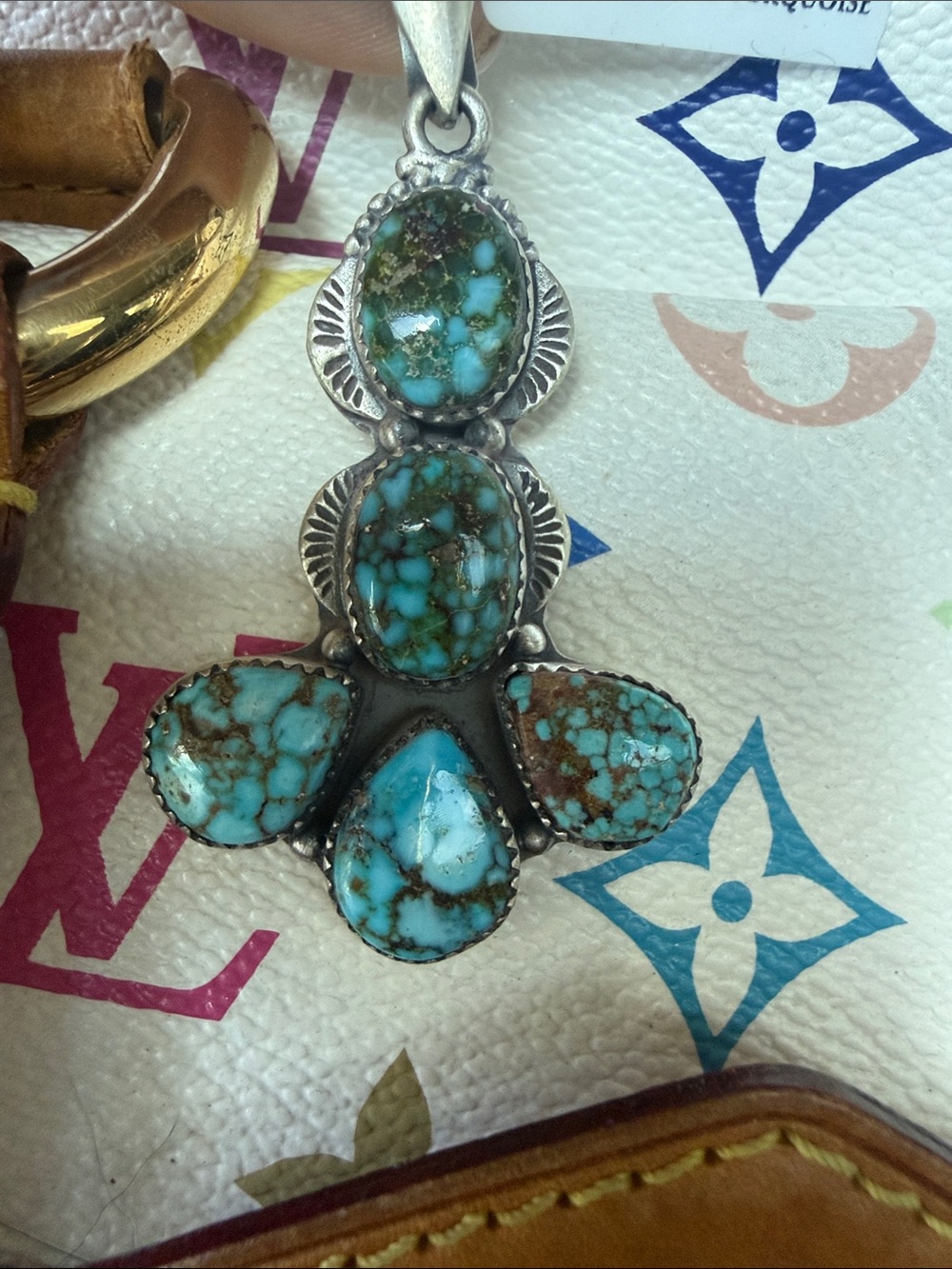 Turquoise Water Web Teardrop Cluster  Sterling Silver Pendant 9.25